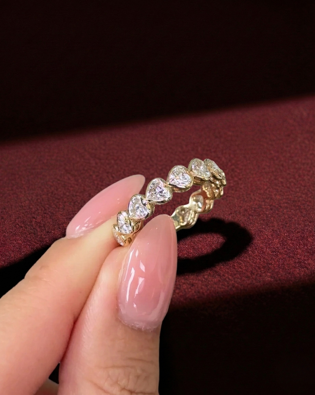 Heart Shape Diamond Half Eternity Band, Bezel Set Heart Diamond Wedding Band, Heart Diamond Anniversary Ring, Stackable Diamond Band.