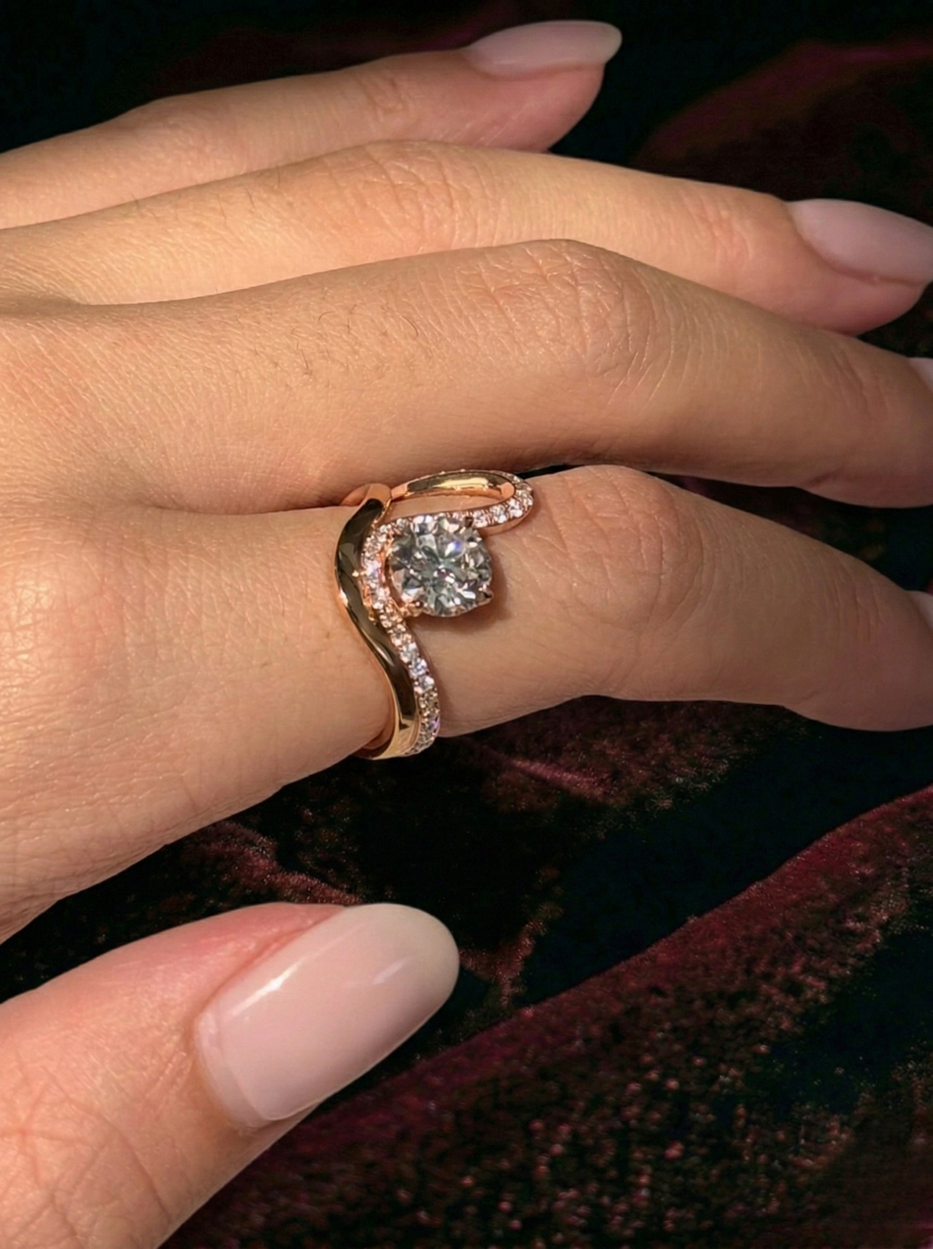Round Lab Grown Diamond Engagement Ring, Twisted Pavé Diamond Ring, 14K Gold Infinity Style Ring, Unique Halo Diamond Ring