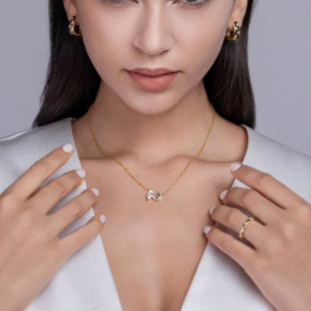 Duo Pendant Necklace Marquise and Emerald | Lab Grown Diamond | 14K Yellow Gold Modern Style