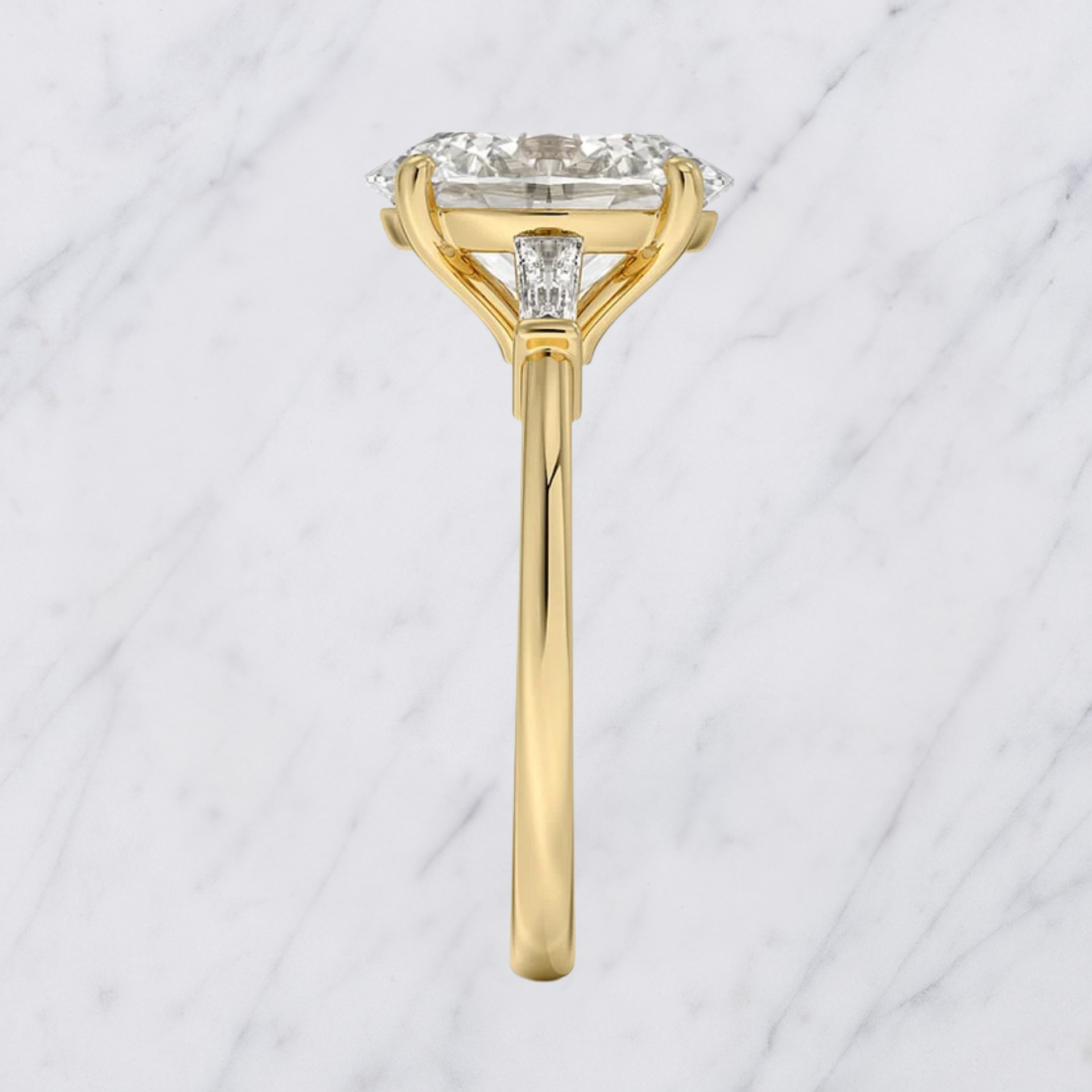 Oval Engagement Ring | Lab Grown Diamond | Tapered Baguette Side Stones | 14K Yellow Gold