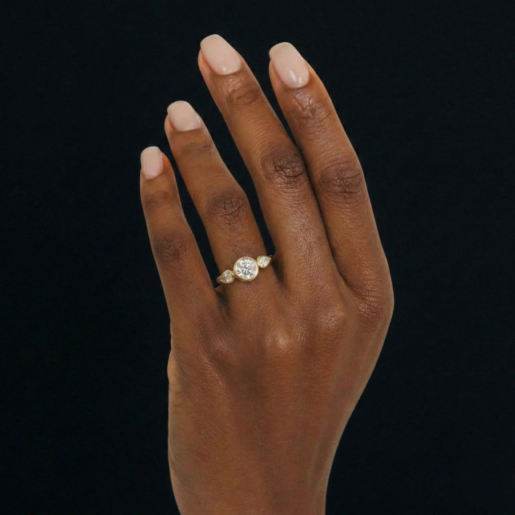 Round Lab Grown Diamond Engagement Ring with Pear Side Stones, Three Stone Bezel Ring, 14K Yellow Gold, IGI Certified Diamond Ring