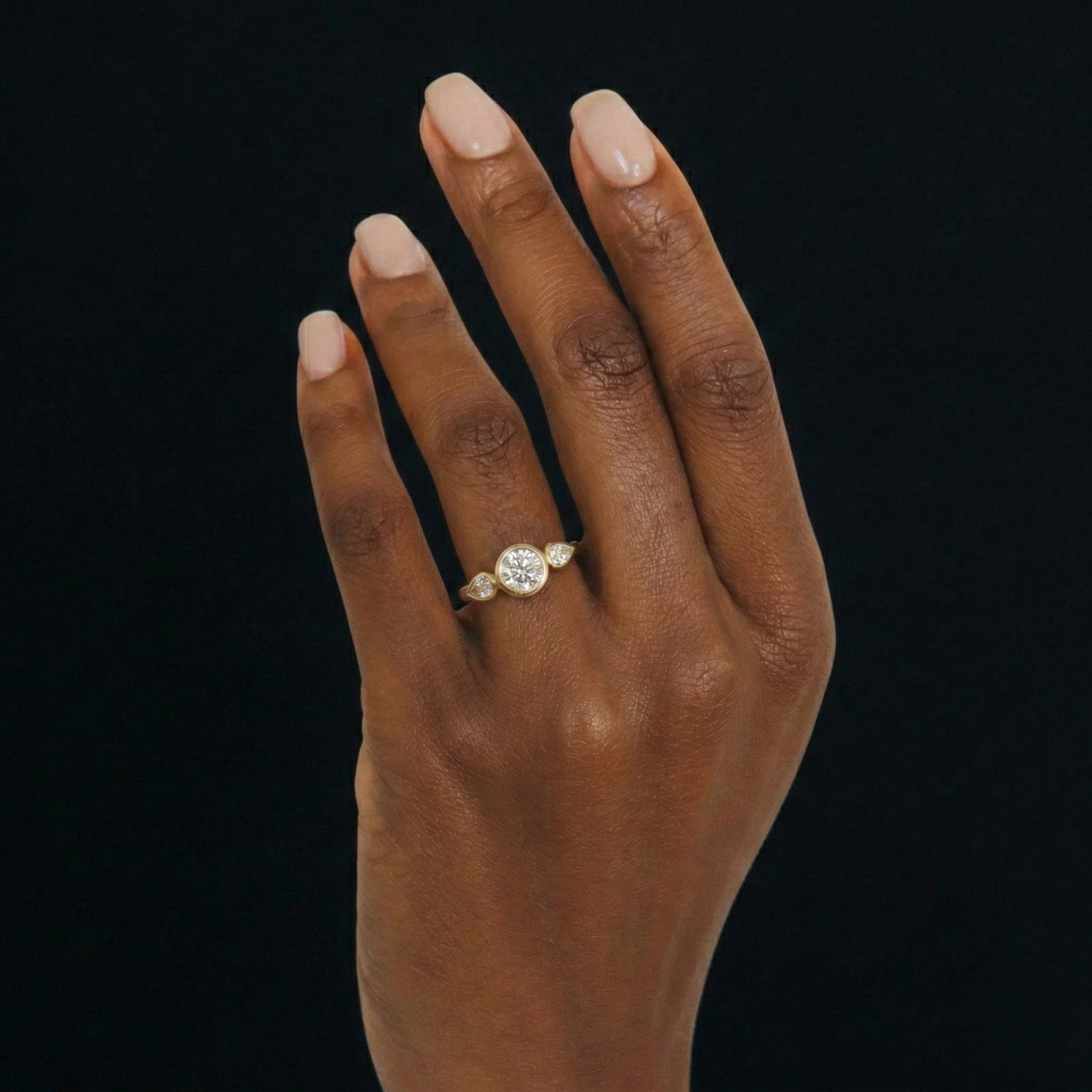 Round Lab Grown Diamond Engagement Ring with Pear Side Stones, Three Stone Bezel Ring, 14K Yellow Gold, IGI Certified Diamond Ring
