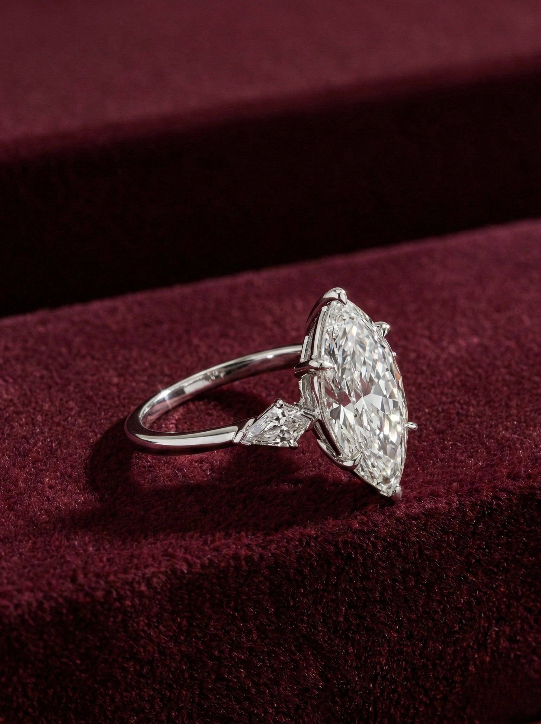 Marquise Lab Grown Diamond Engagement Ring, Marquise Diamond Ring with Kite Side Stones, 3 Carat Diamond Ring, Unique Three Stone Ring