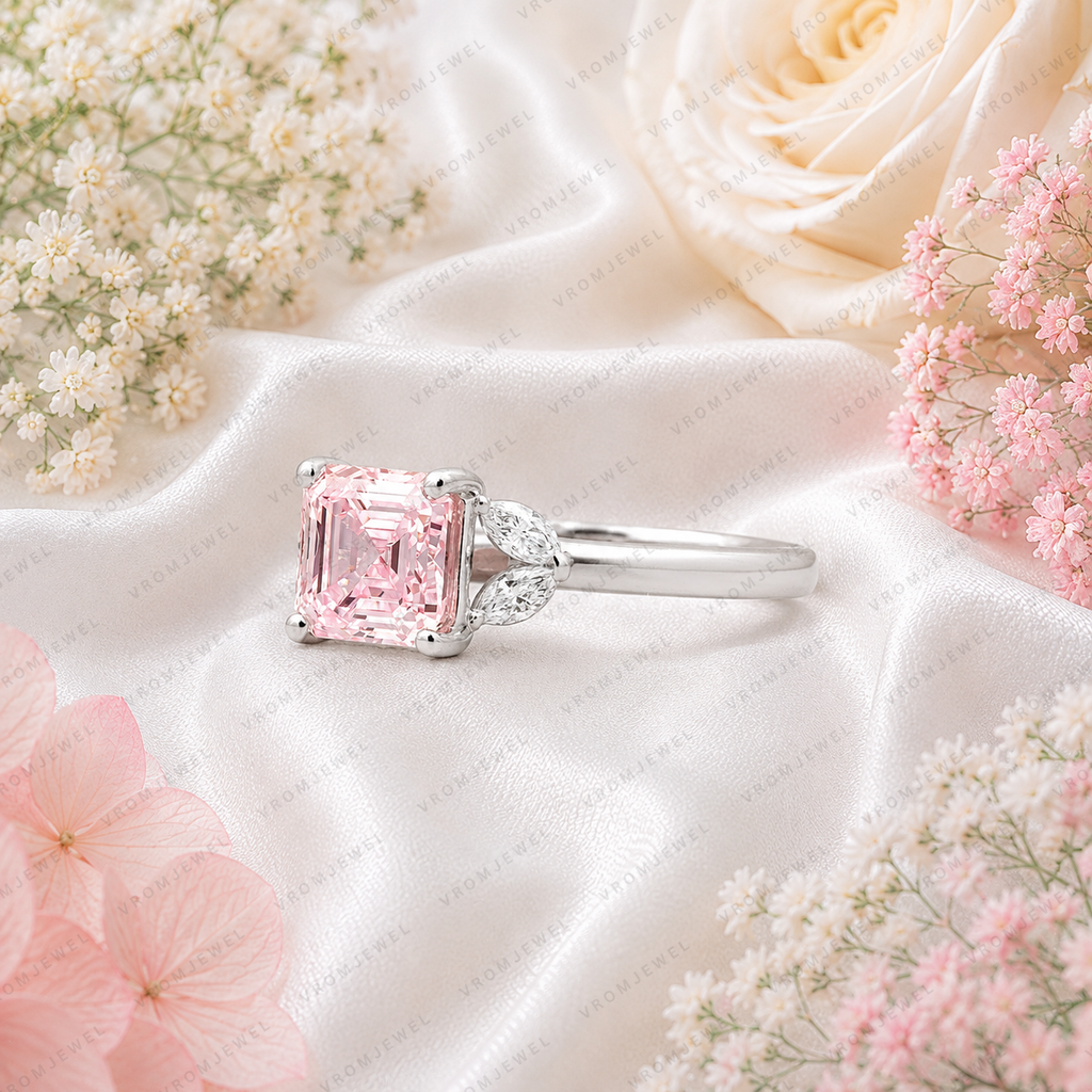 Pink Asscher Cut Lab Grown Diamond Engagement Ring, Leaf Side Stone Ring, Vintage Inspired Pink Diamond Ring, 10K 14K 18K Gold