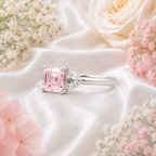 Pink Asscher Cut Lab Grown Diamond Engagement Ring, Leaf Side Stone Ring, Vintage Inspired Pink Diamond Ring, 10K 14K 18K Gold