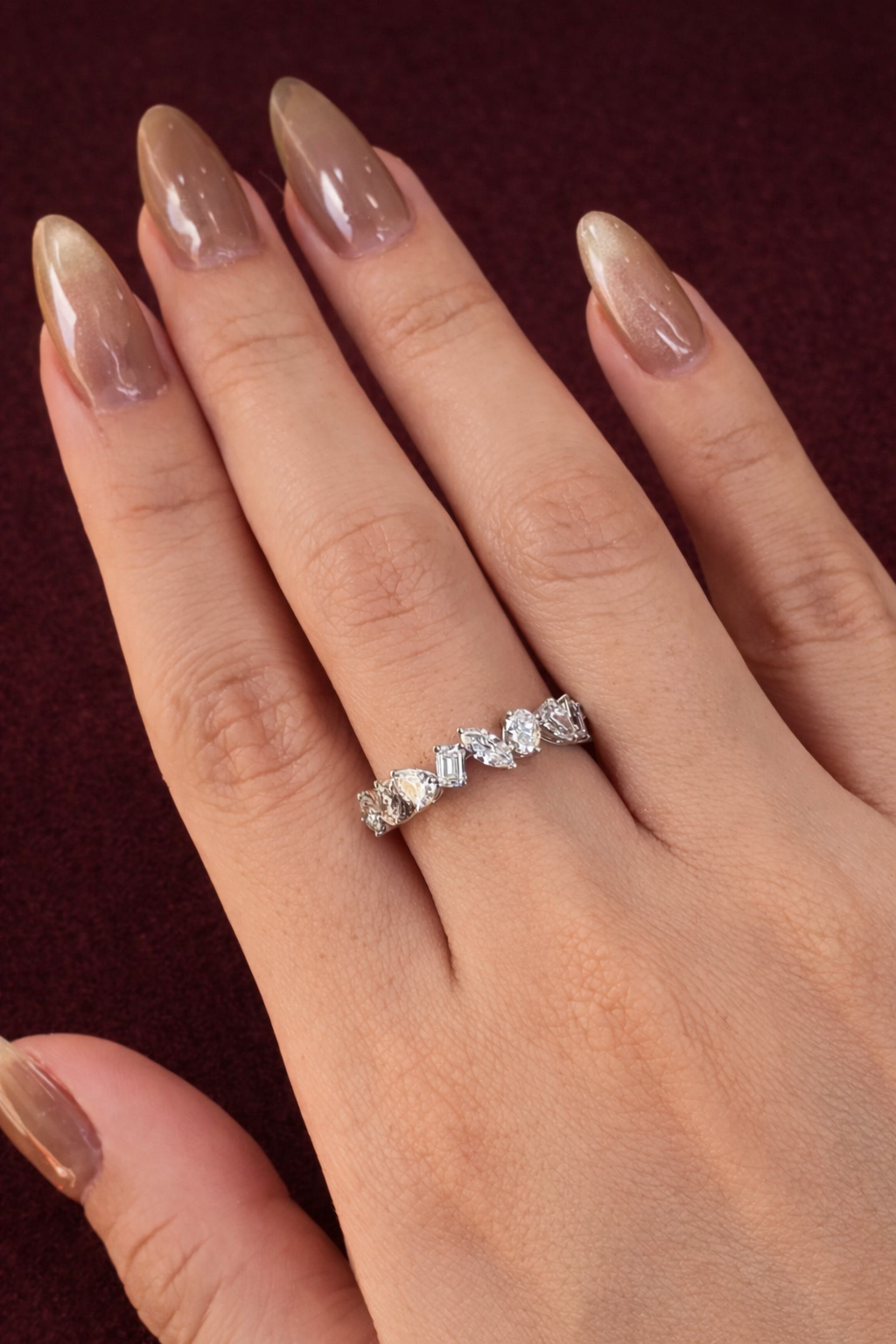 Mixed Shape Diamond Band, Pear Marquise Oval Emerald Diamond Ring, Unique Diamond Wedding Band, Modern Diamond Anniversary Ring