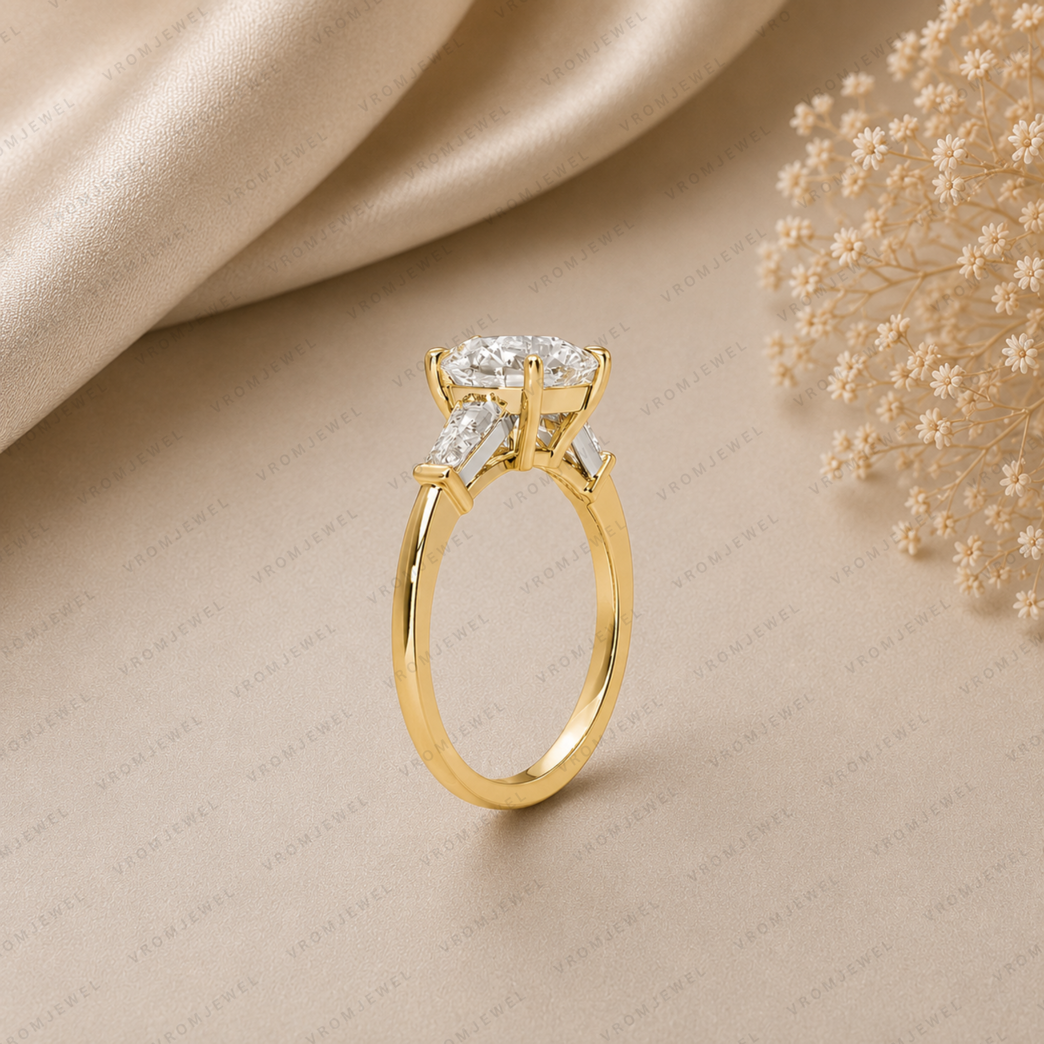 Round Engagement Ring | Lab Grown Diamond | Tapered Baguette Side Stones | 14K Yellow Gold