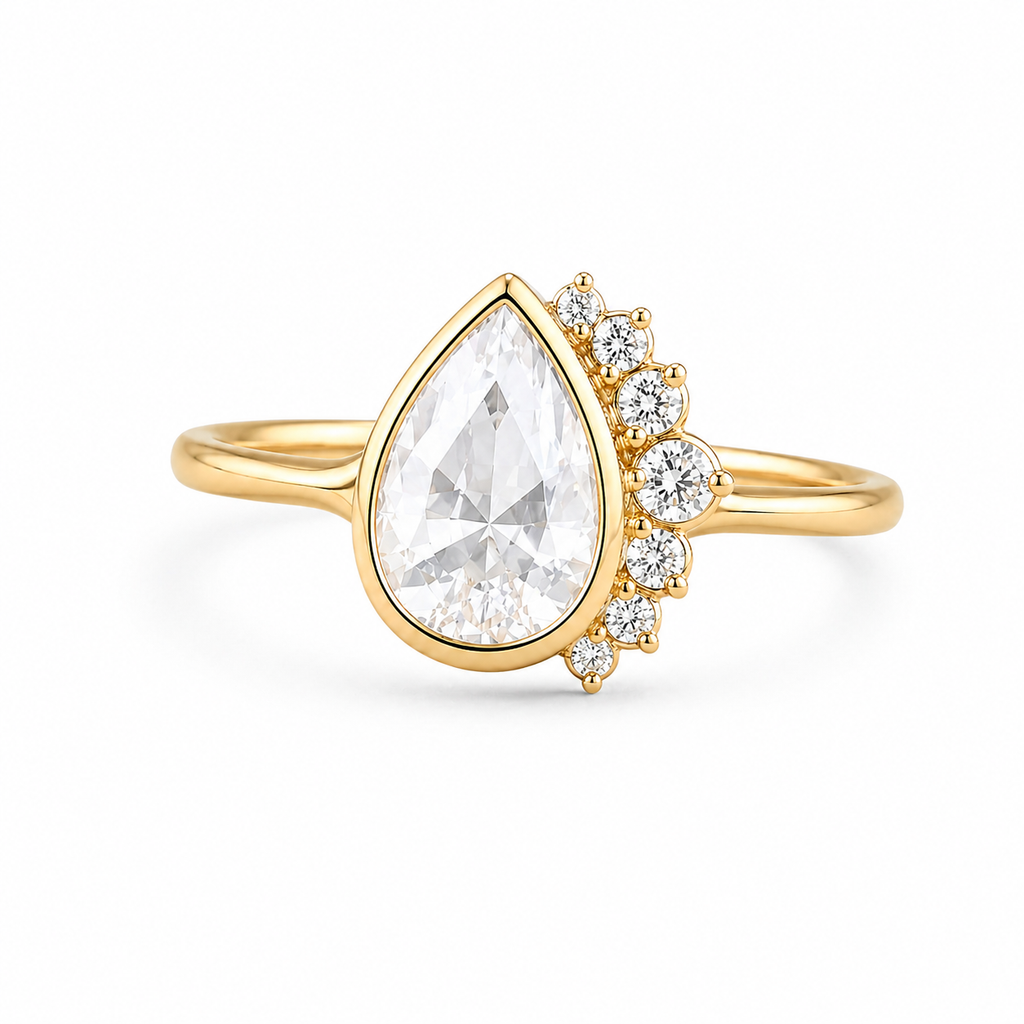 Pear Shape Rose Cut Lab Grown Diamond Ring | 1 CT | Nature Inspired Design | Bezel Setting with Graduated Accents | 14K Gold
