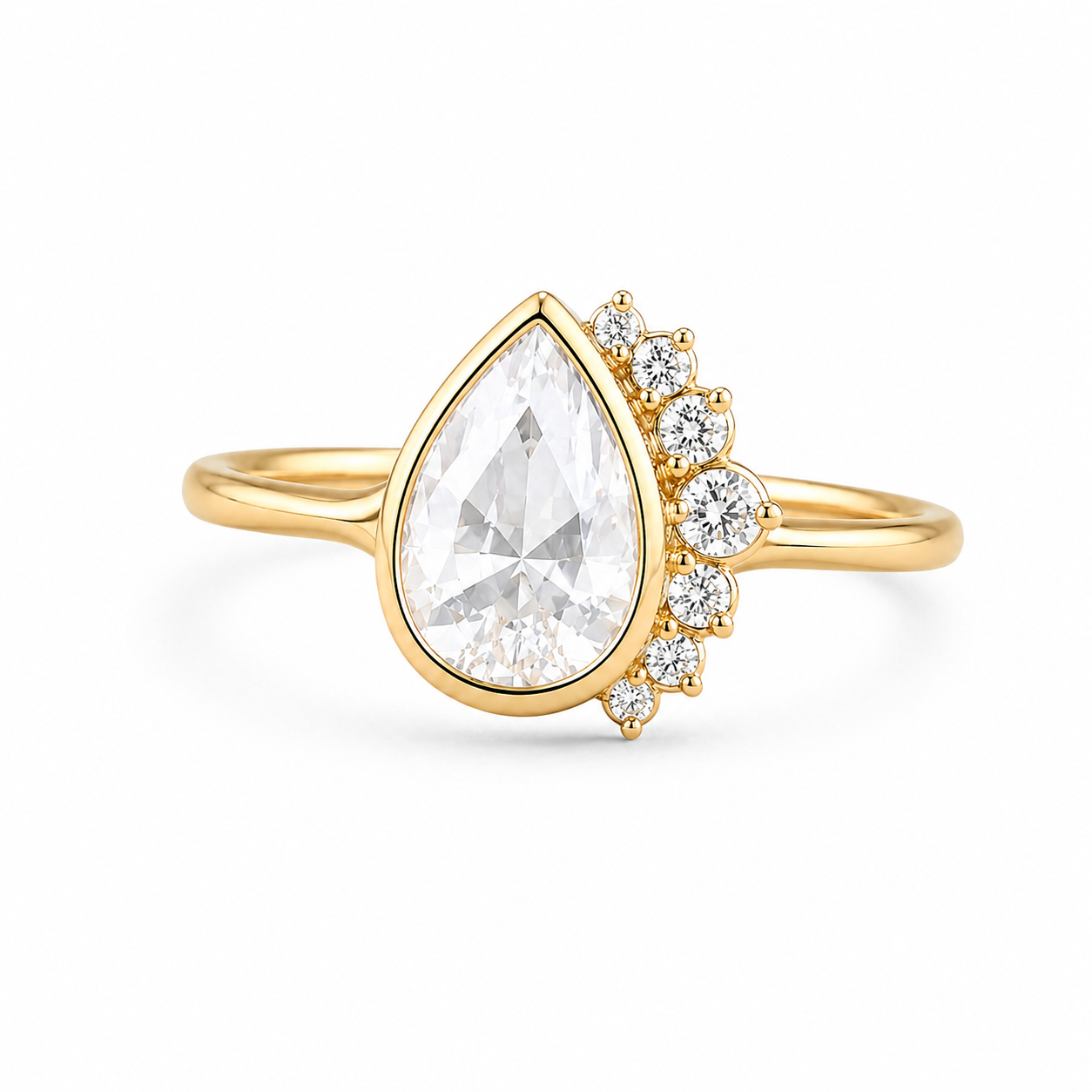 Pear Shape Rose Cut Lab Grown Diamond Ring | 1 CT | Nature Inspired Design | Bezel Setting with Graduated Accents | 14K Gold