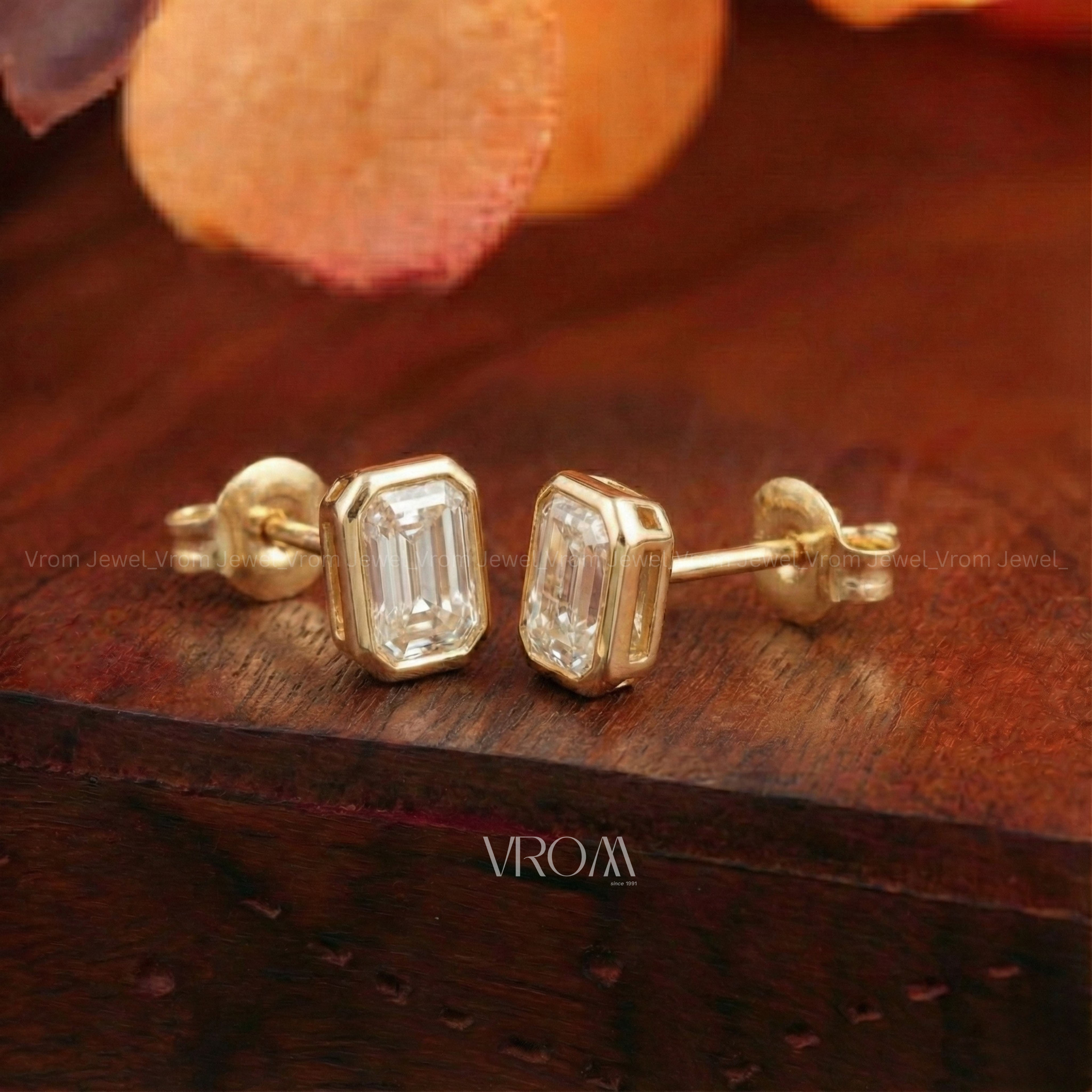 Emerald bezel set stud Earrings | Lab Grown Diamond | 14k Yellow Gold Minimalist