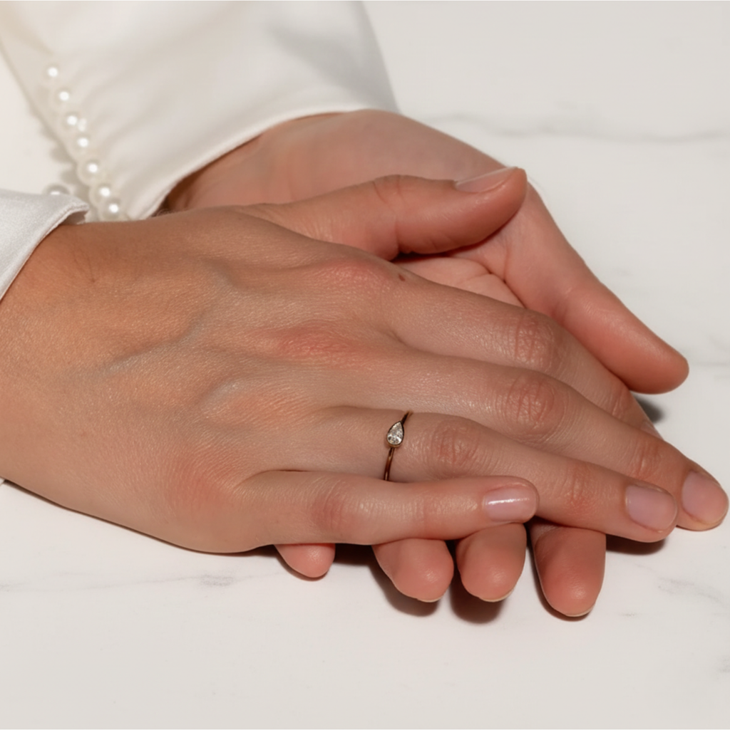 East West Pear Bezel Set Solitaire Ring | Lab Grown Diamond | 14K Yellow Gold Minimalist