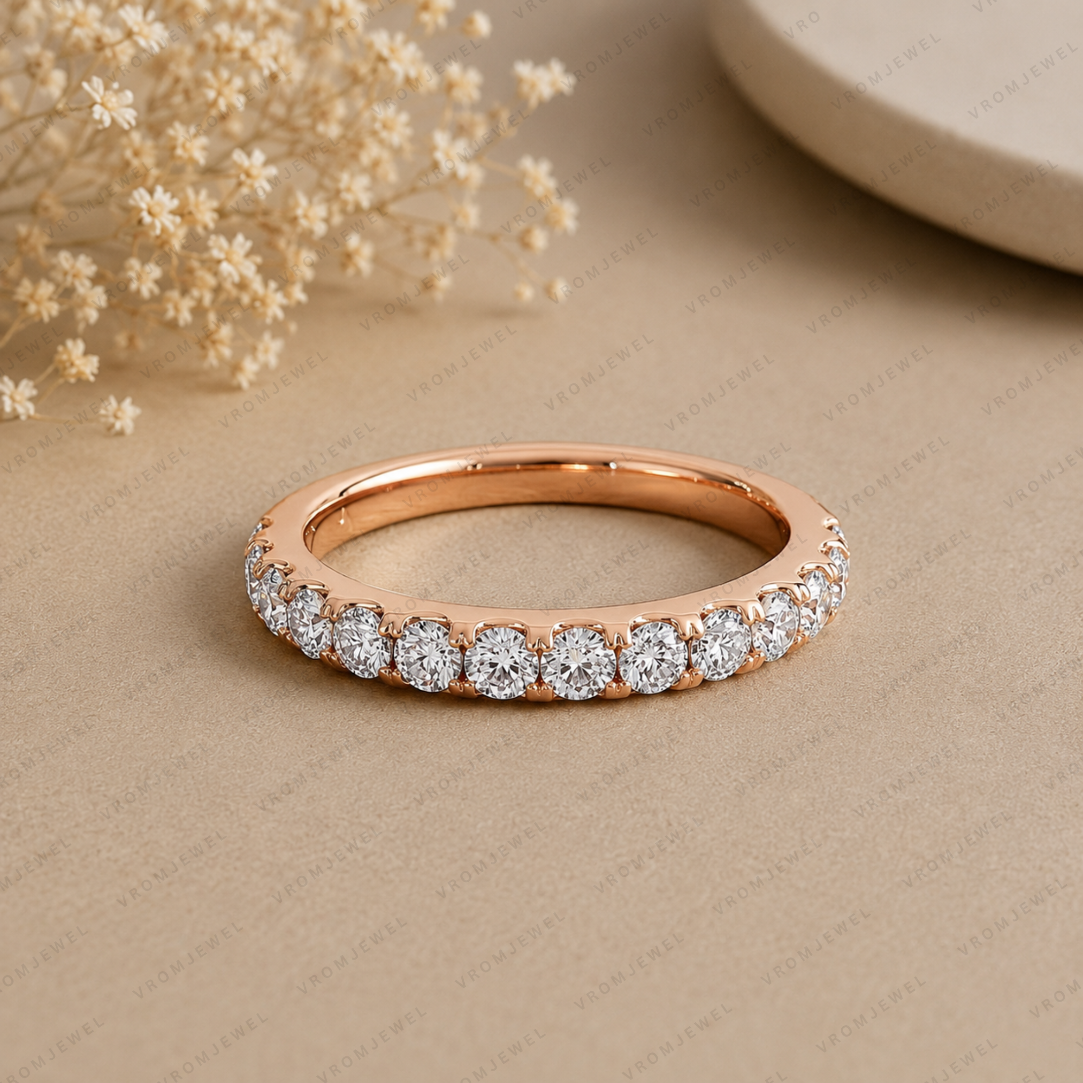 Round Lab Grown Diamond Half Eternity Wedding Band in Solid 14K Gold