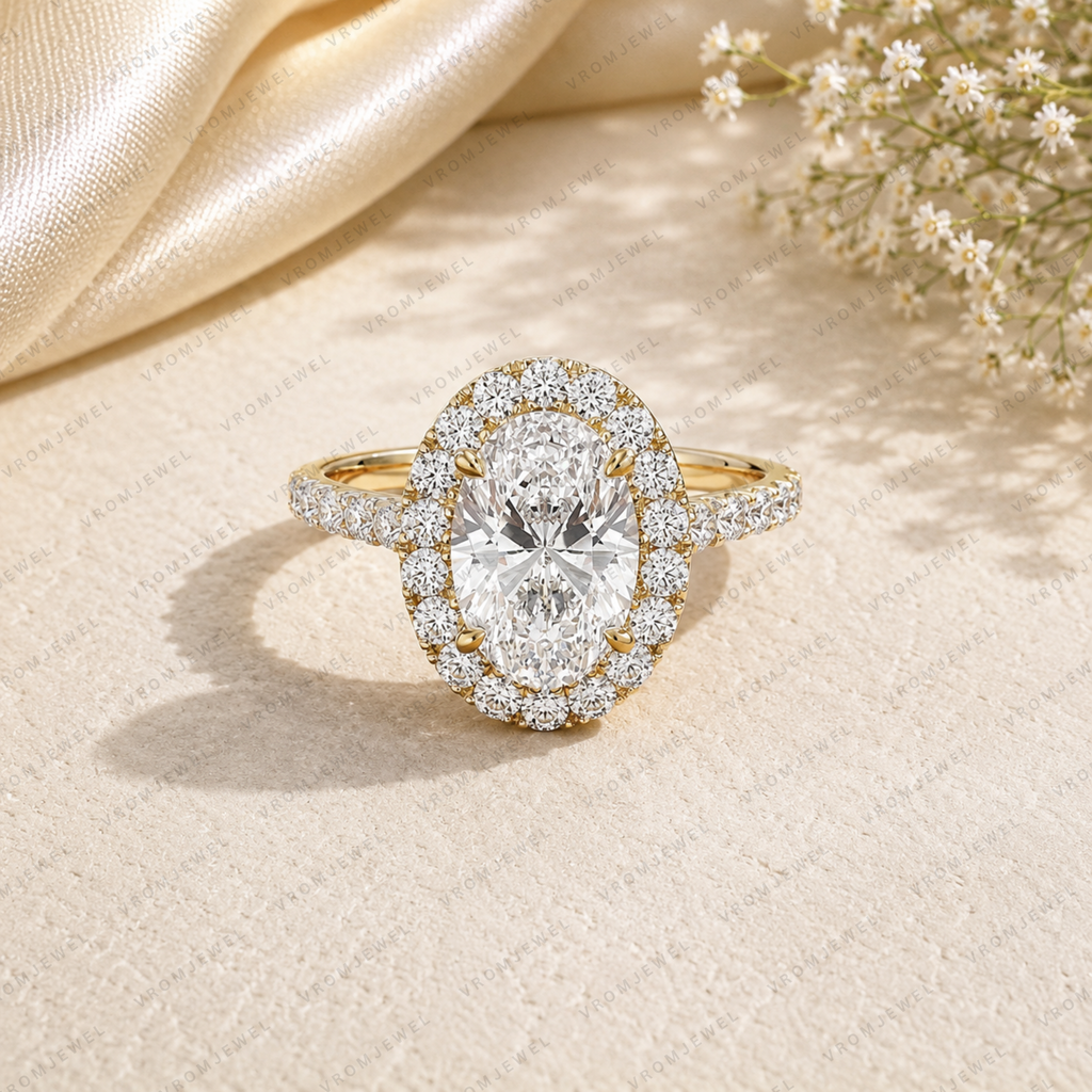 Oval Shape Lab Grown Diamond Halo Engagement Ring with Side Stones in Solid 14K Gold