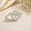 Oval Shape Lab Grown Diamond Halo Engagement Ring with Side Stones in Solid 14K Gold
