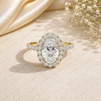Oval Shape Lab Grown Diamond Halo Engagement Ring with Side Stones in Solid 14K Gold
