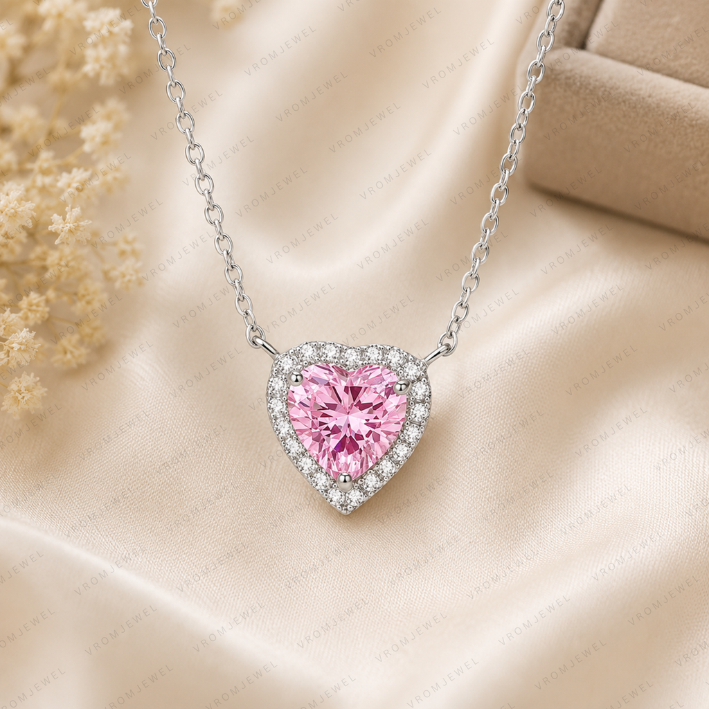 Pink Heart Lab Grown Diamond Necklace, Heart Halo Pendant Necklace, Pink Diamond Necklace, Solid Gold Heart Necklace, Romantic Gift for Her