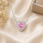 Pink Heart Lab Grown Diamond Necklace, Heart Halo Pendant Necklace, Pink Diamond Necklace, Solid Gold Heart Necklace, Romantic Gift for Her