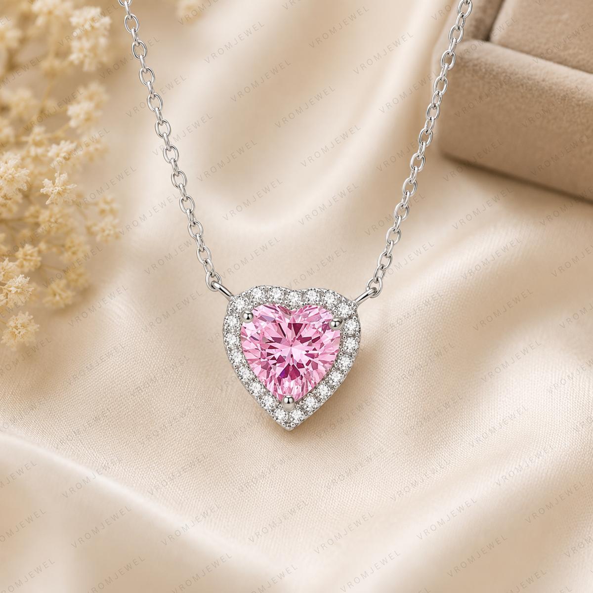 Pink Heart Lab Grown Diamond Necklace, Heart Halo Pendant Necklace, Pink Diamond Necklace, Solid Gold Heart Necklace, Romantic Gift for Her