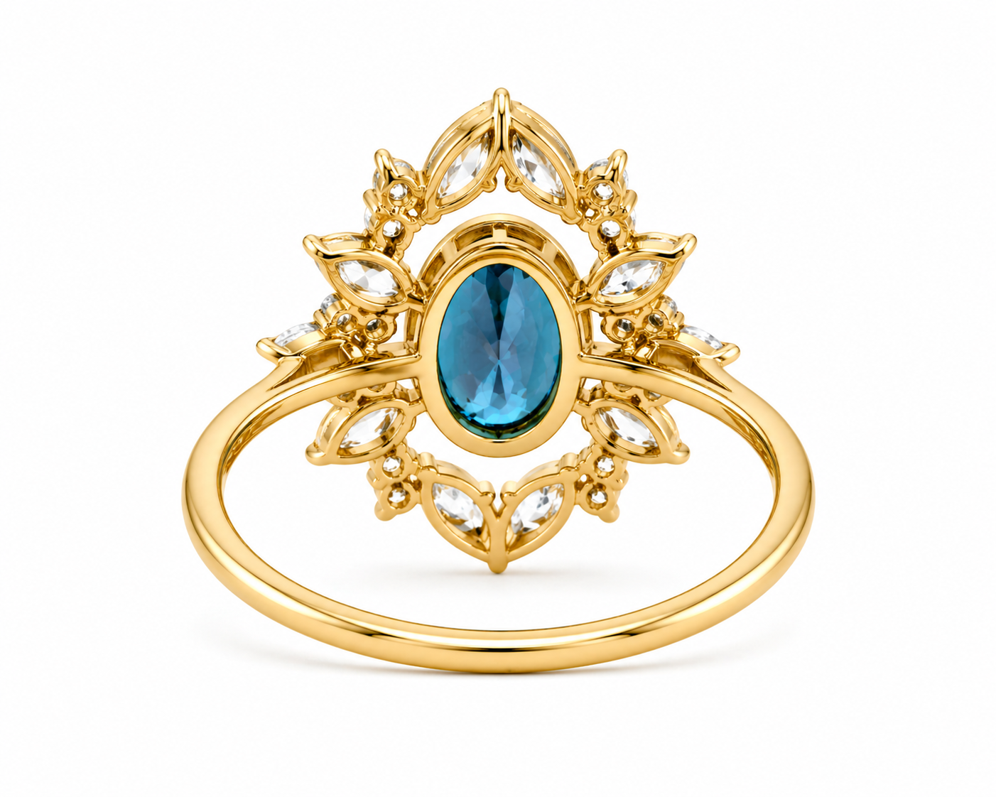 London Blue Topaz Nature Inspired Ring | 3.5 CT Oval Gemstone | Marquise & Round Diamond Halo | Vintage Floral Ring | 14K Gold