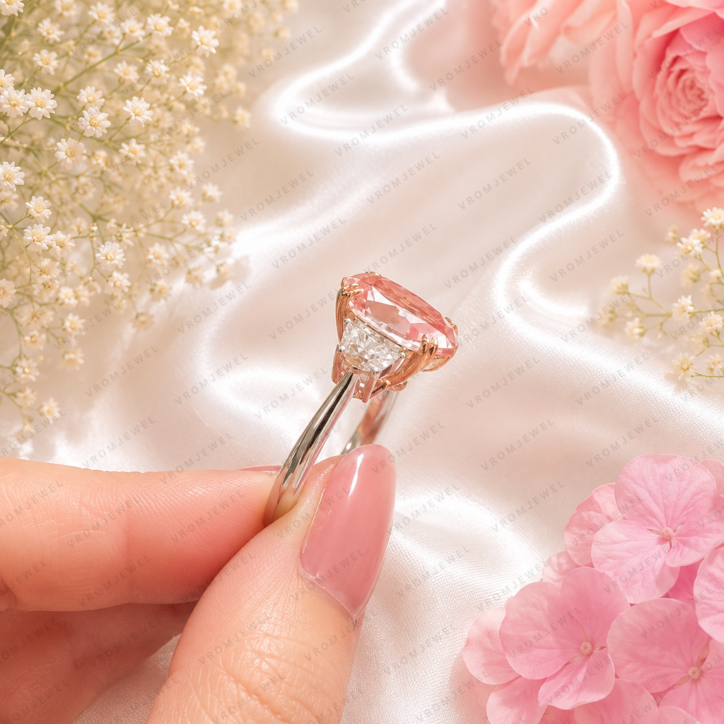 Pink Oval Lab Grown Diamond Engagement Ring, 3.00 Carat Pink Diamond Ring, Half Moon Diamond Side Stones, Three Stone Ring, 10K 14K 18K Gold