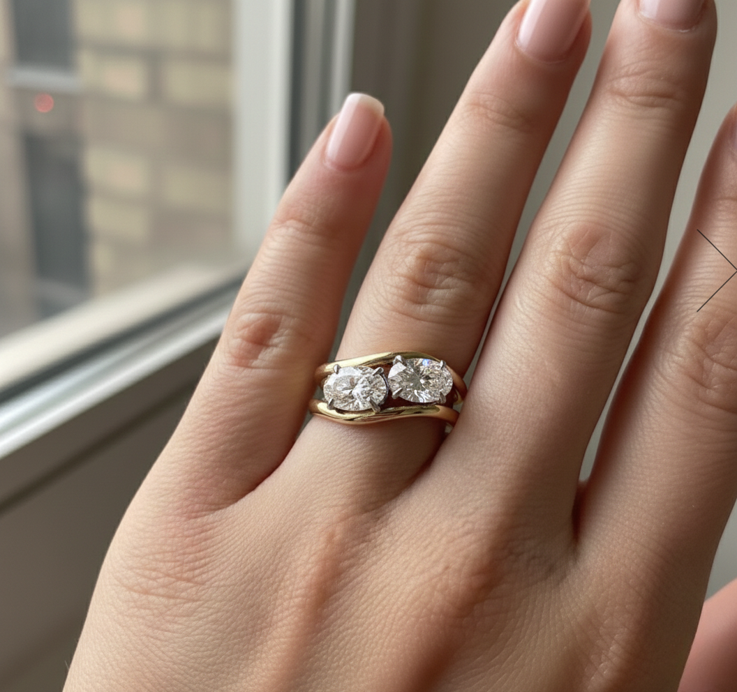 Two Tone Toi et Moi Lab Grown Diamond Ring, Oval Two Stone Engagement Ring, 14K White and Yellow Gold, Romantic Bypass Ring, Gift for Her