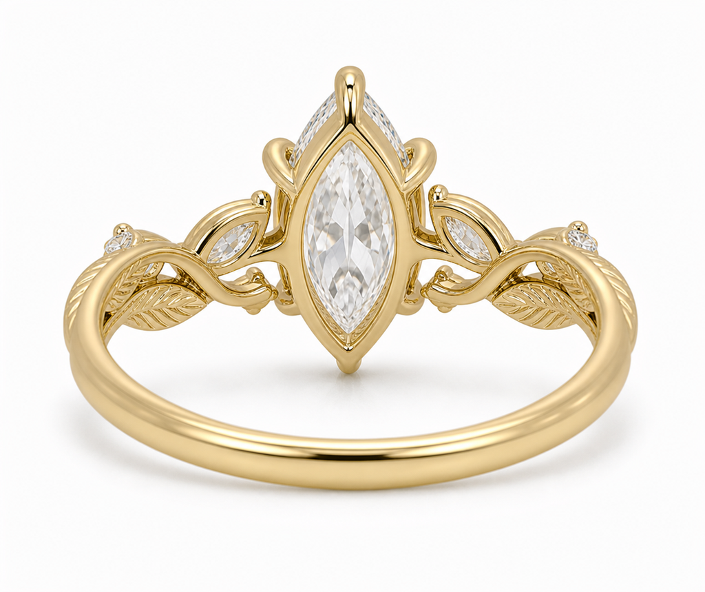 Marquise Diamond Nature Inspired Ring, Marquise Lab Grown Diamond Ring, Floral Diamond Engagement Ring, Leaf Inspired Gold Ring, Unique Ring