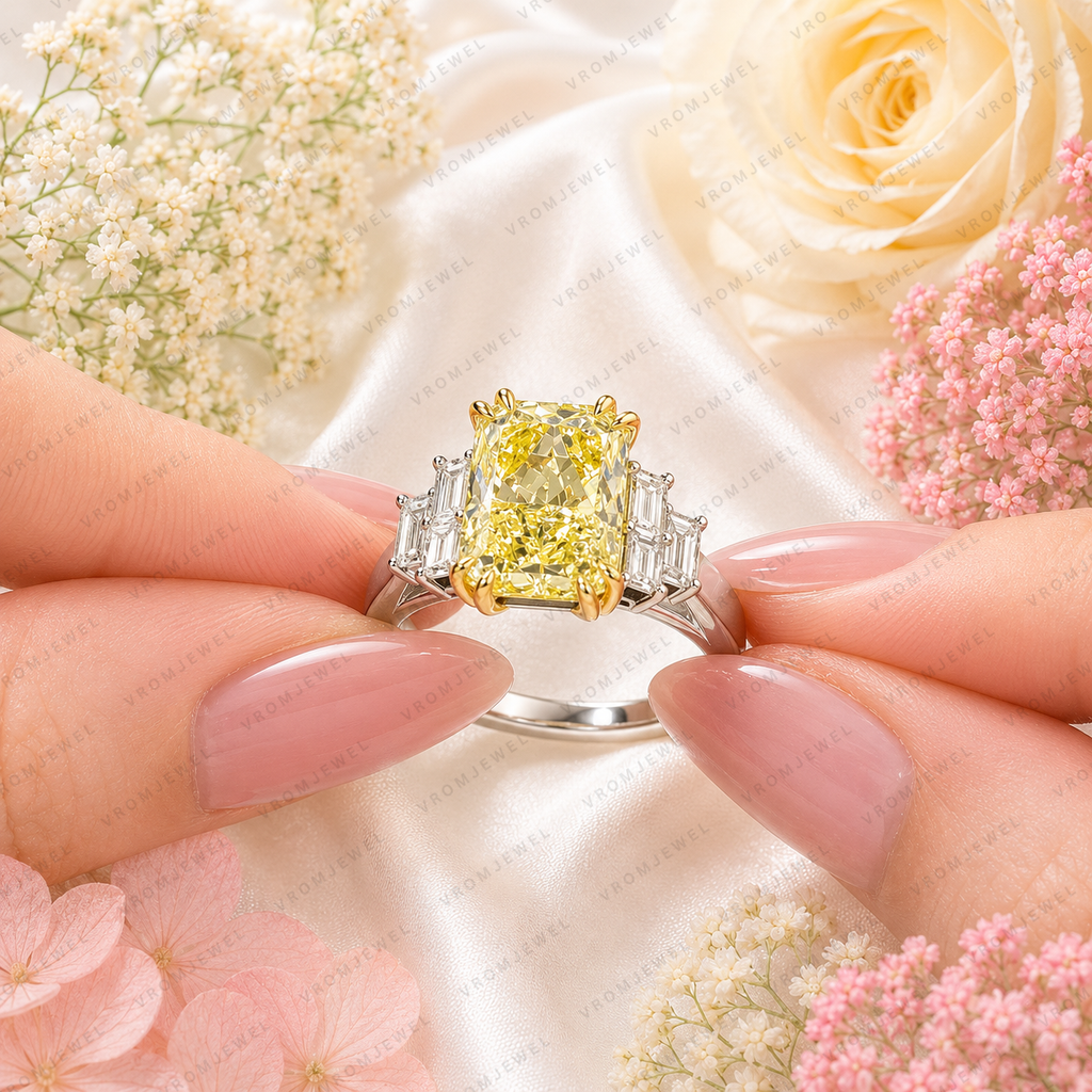 5.00 Carat Yellow Radiant Lab Grown Diamond Ring, Yellow Diamond Engagement Ring, Baguette Diamond Accents, Statement Ring, 10K 14K 18K Gold