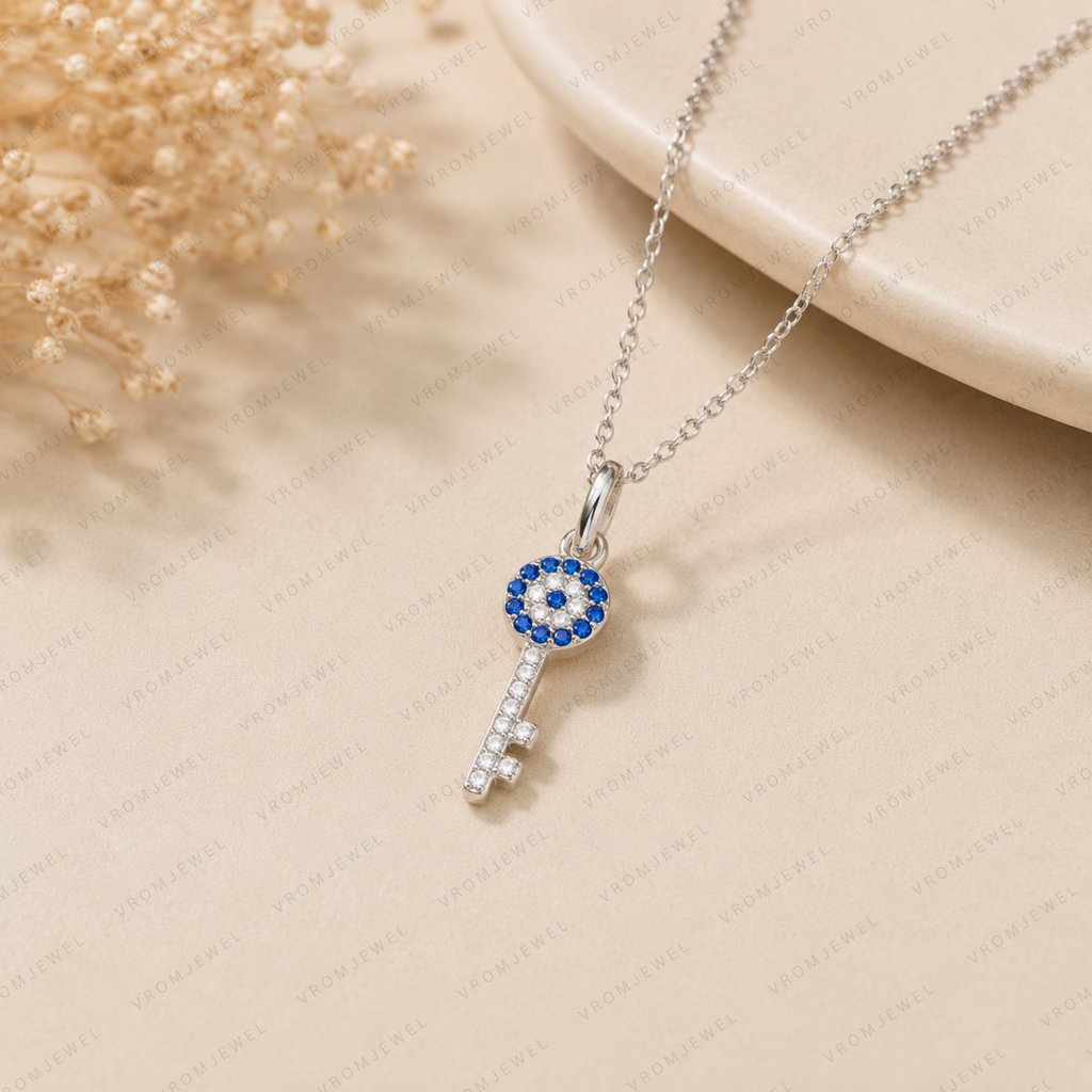 Key Pendant Lab Grown Diamond Necklace, Blue & White Diamond Choker, Key Shape Necklace, Solid Gold Diamond Pendant, Vintage Key Necklace