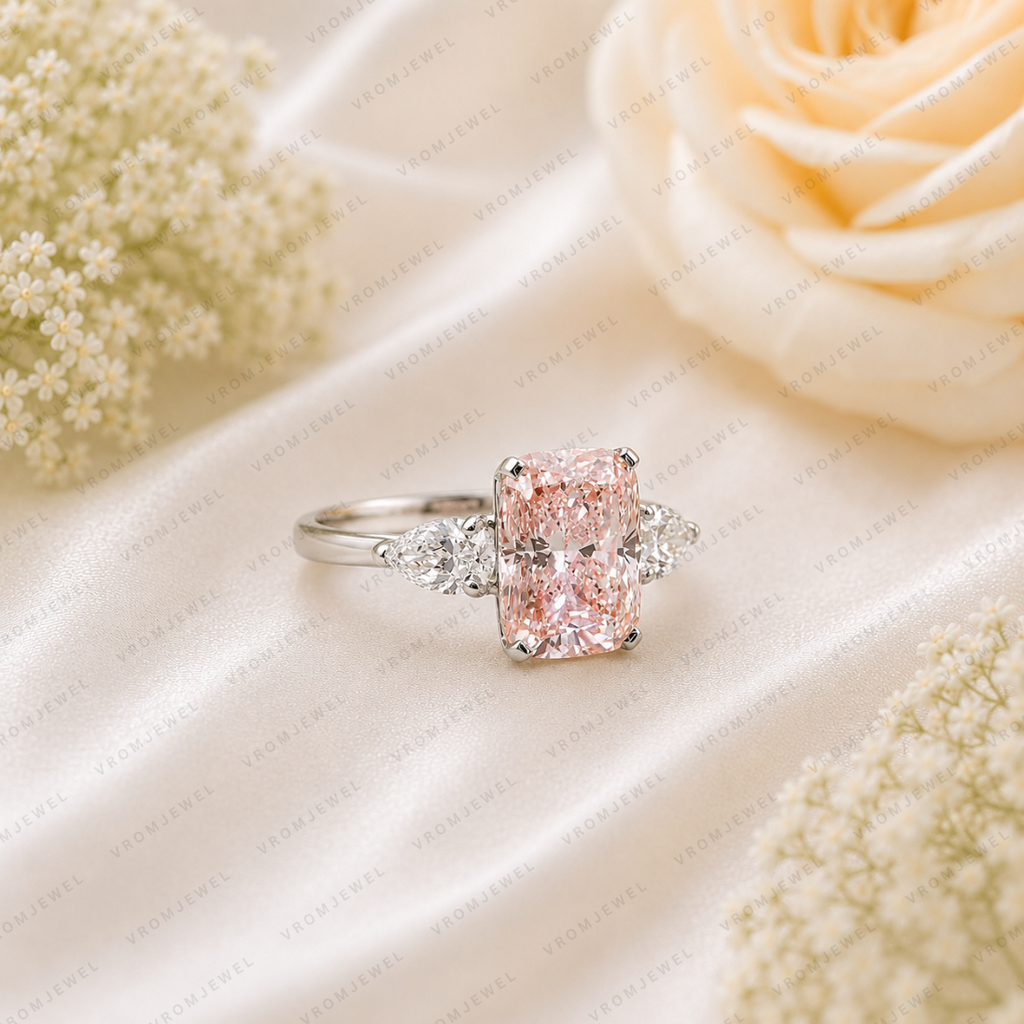 Pink Cushion Cut Lab Grown Diamond Engagement Ring, Vintage Inspired Diamond Ring, Pavé Halo Ring, 10K 14K 18K Gold