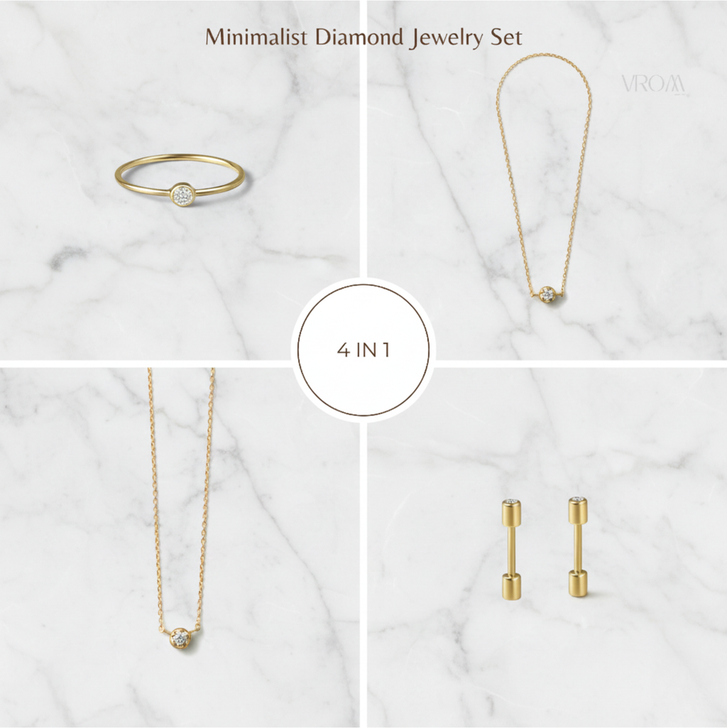 Minimalist Bezel Set Jewelry Set 4 in 1 | Lab Grown Diamond | 14K Yellow Gold