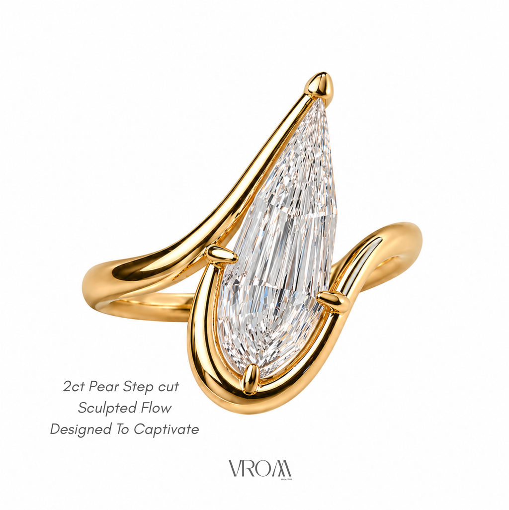 Pear Step Cut Lab Grown Diamond Ring | Sculpted Flow Wrap Design | Modern Engagement Ring | 14K Gold Proposal Ring