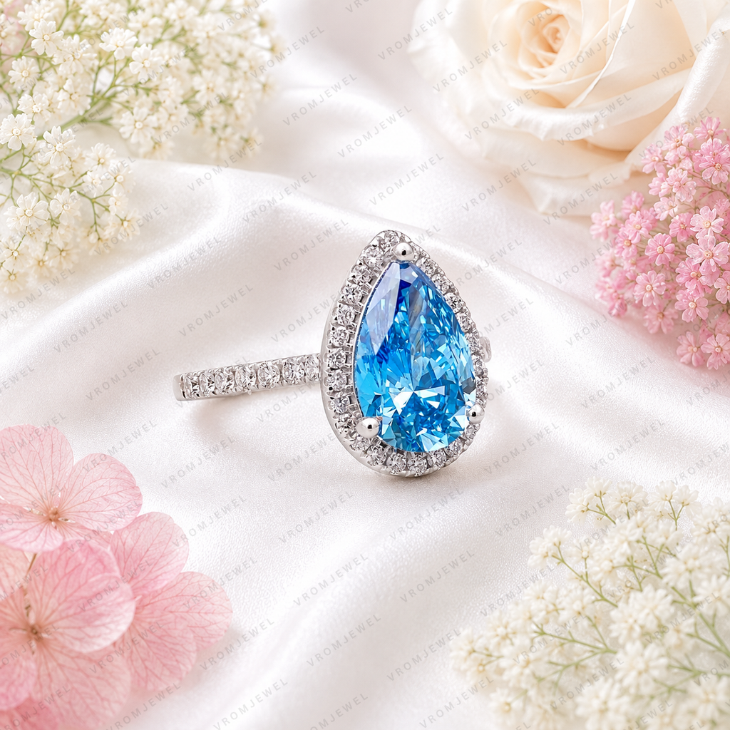 Blue Pear Shape Lab Grown Diamond Ring, 3 Carat Blue Diamond Engagement Ring, Pear Cut Halo Ring, Pavé Diamond Band, Blue Bridal Ring