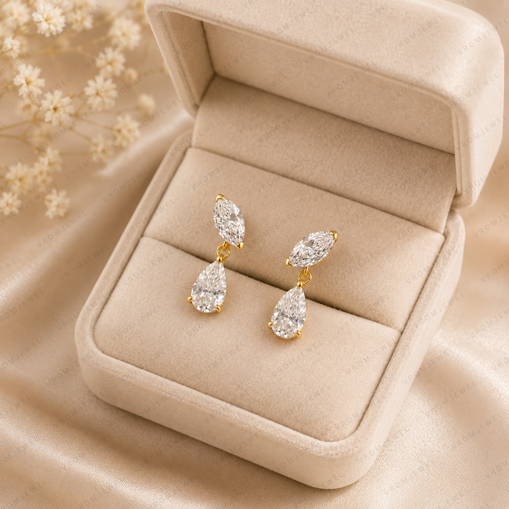 Marquise & Pear Cut Lab Grown Diamond Two Stone Earrings in Solid 14K Gold
