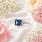 Blue Cushion Cut Lab Grown Diamond Ring, 3 Carat Blue Diamond Engagement Ring, Round Diamond Accents, Unique Statement Ring, 10K 14K 18KGold