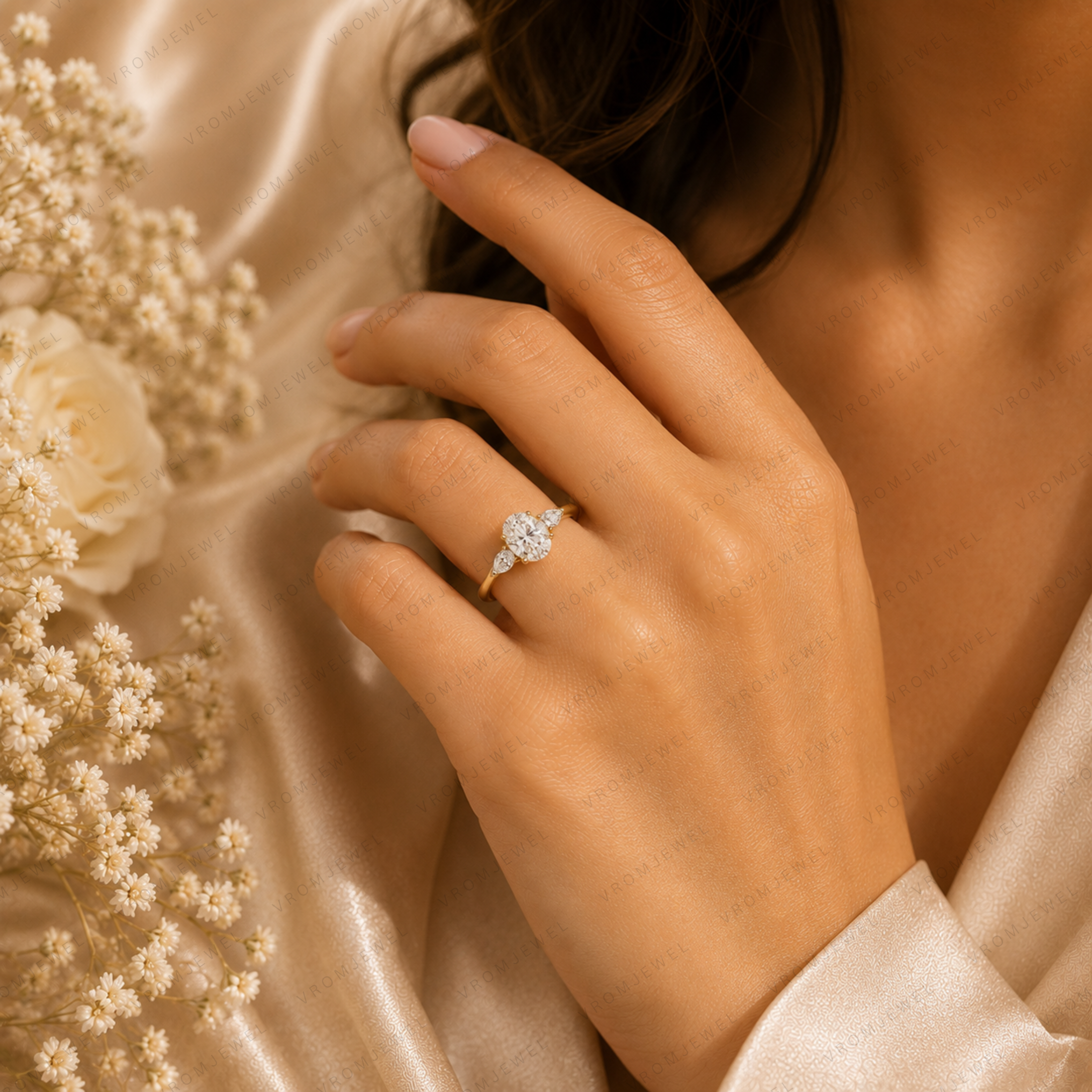 Oval Lab Grown Diamond Engagement Ring with Pear Side Stones in Solid 14K Gold