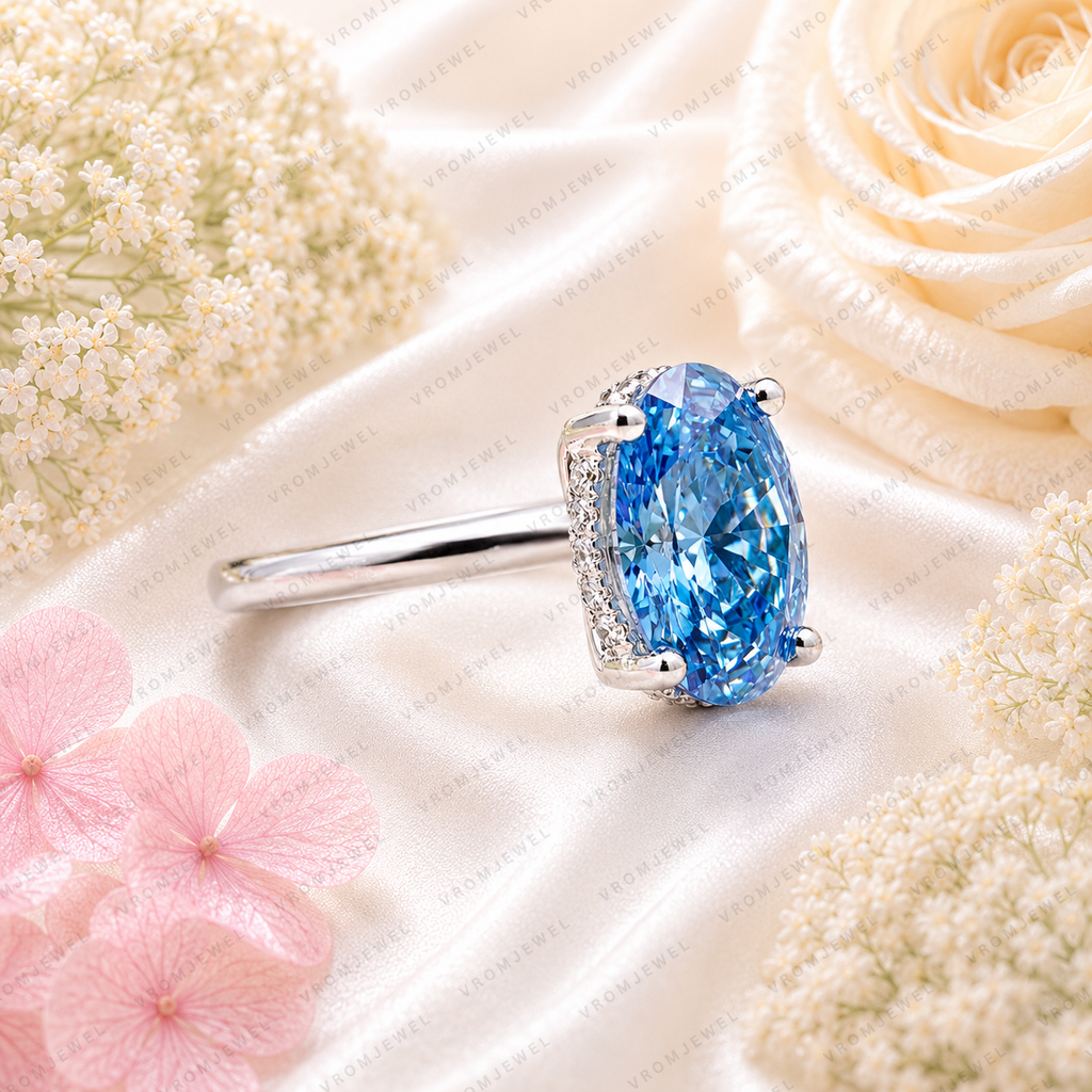 Blue Oval Lab Grown Diamond Engagement Ring, 2 Carat Blue Diamond Ring, Oval Solitaire Engagement Ring, Minimalist Blue Ring, 10K 14K 18K