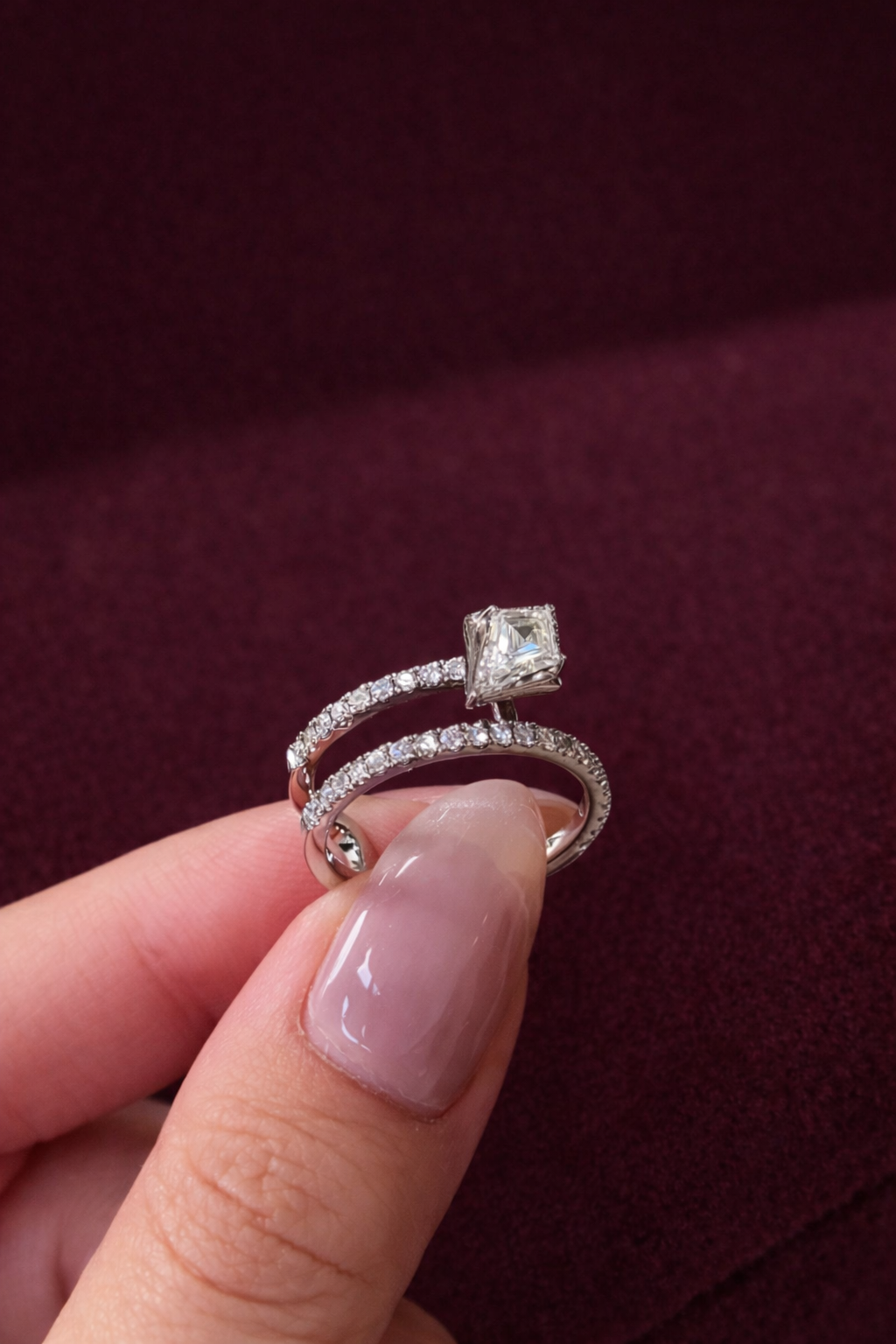 Kite Shape Lab Grown Diamond Engagement Ring, Kite Diamond Halo Ring, Geometric Diamond Bypass Ring, Unique Modern Proposal Ring, Gift Her