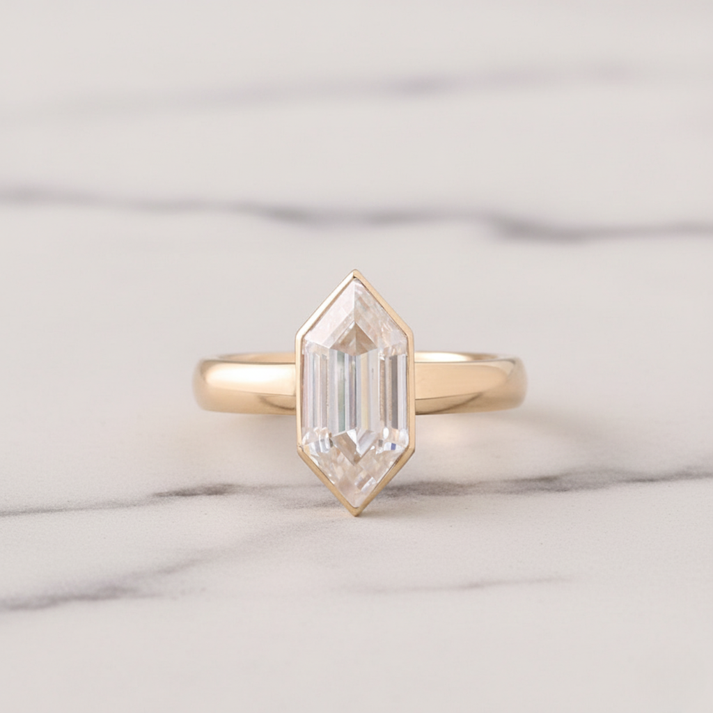 Elongated Hexagon Step Cut Bezel Set Ring | Lab Grown Diamond | 14K Yellow Gold Solitaire