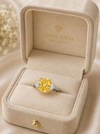 Yellow Cushion Lab Grown Diamond Ring, Cushion Cut Engagement Ring, Three Stone Diamond Ring, Solid Gold Diamond Ring, Yellow Diamond Ring
