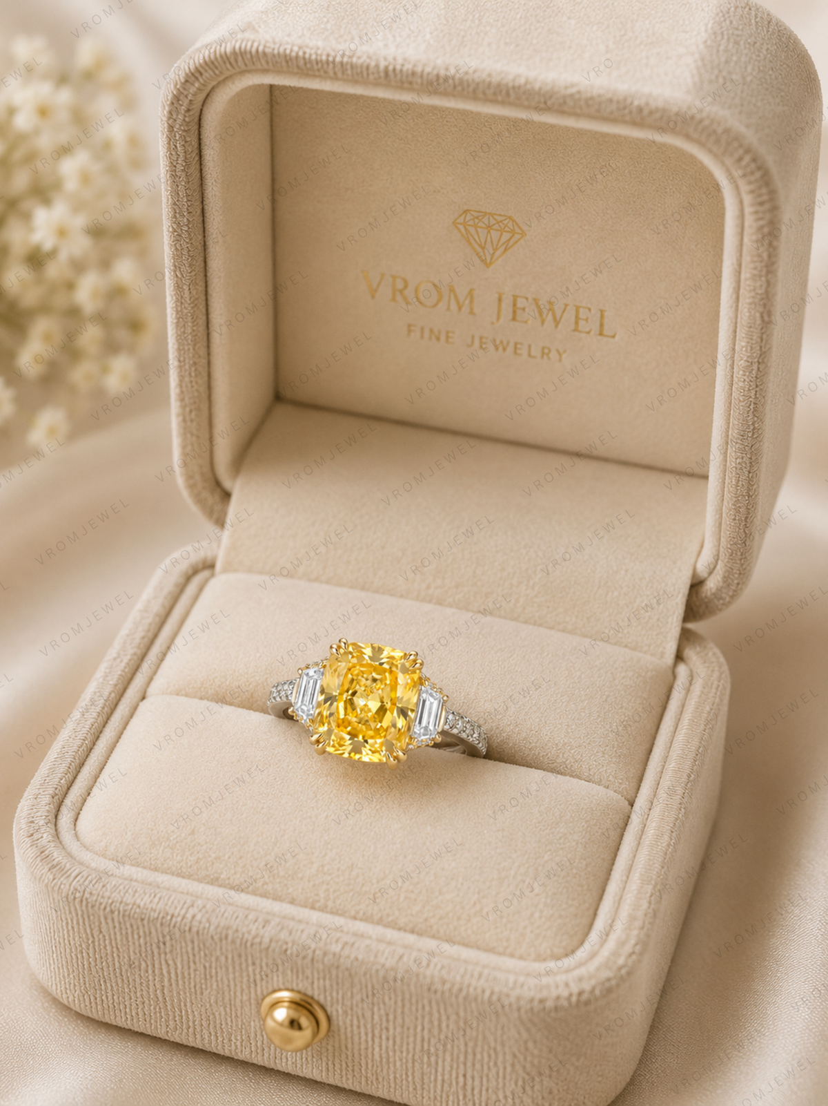 Yellow Cushion Lab Grown Diamond Ring, Cushion Cut Engagement Ring, Three Stone Diamond Ring, Solid Gold Diamond Ring, Yellow Diamond Ring
