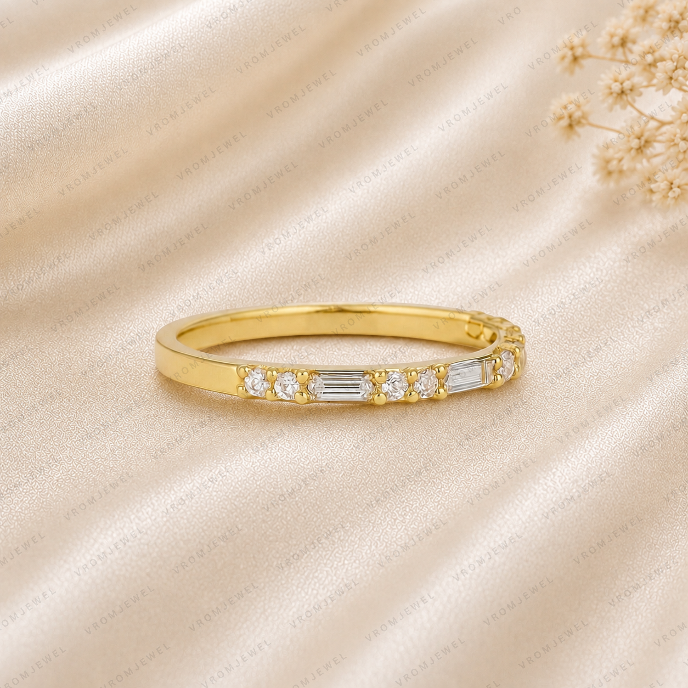 Lab Grown Diamond Wedding Band: 14K Gold Round & Baguette Anniversary Ring