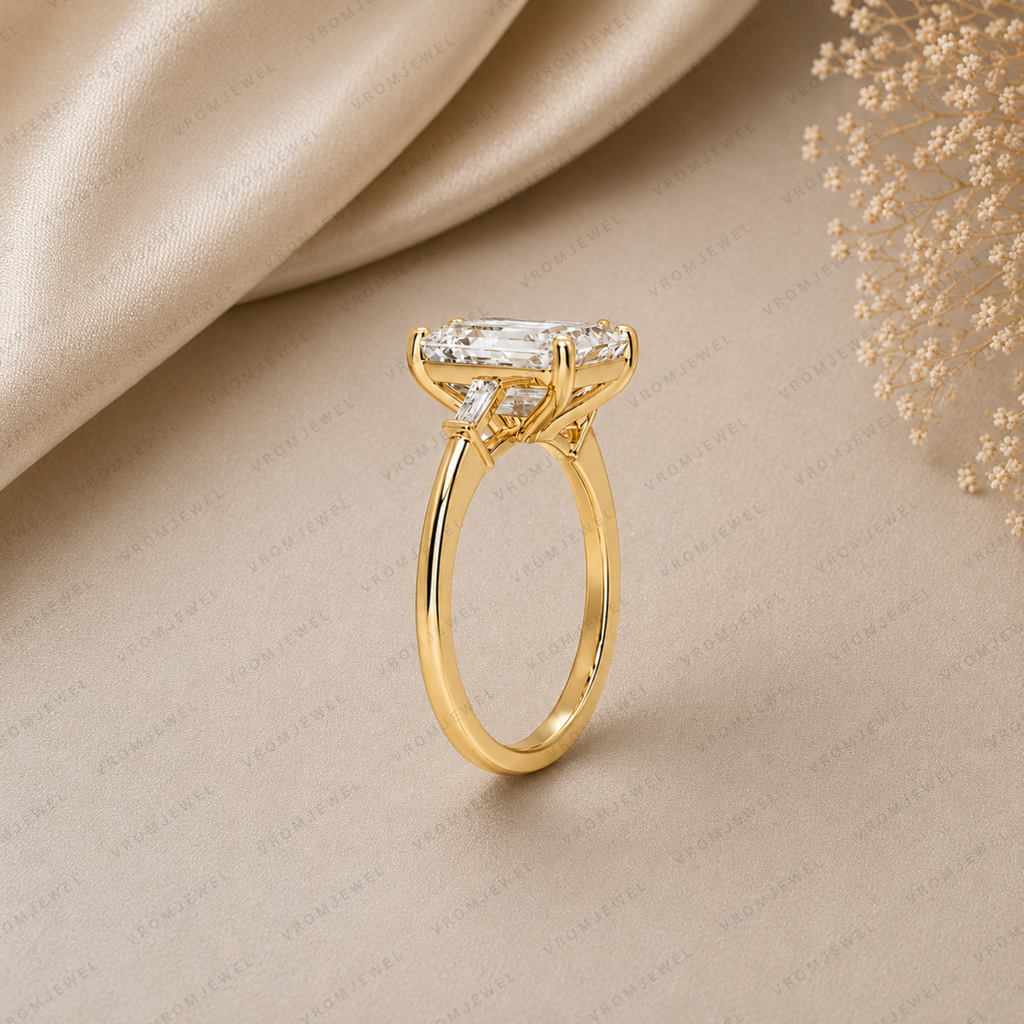Emerald Cut Lab Grown Diamond Engagement Ring with Tapered Baguette Accents