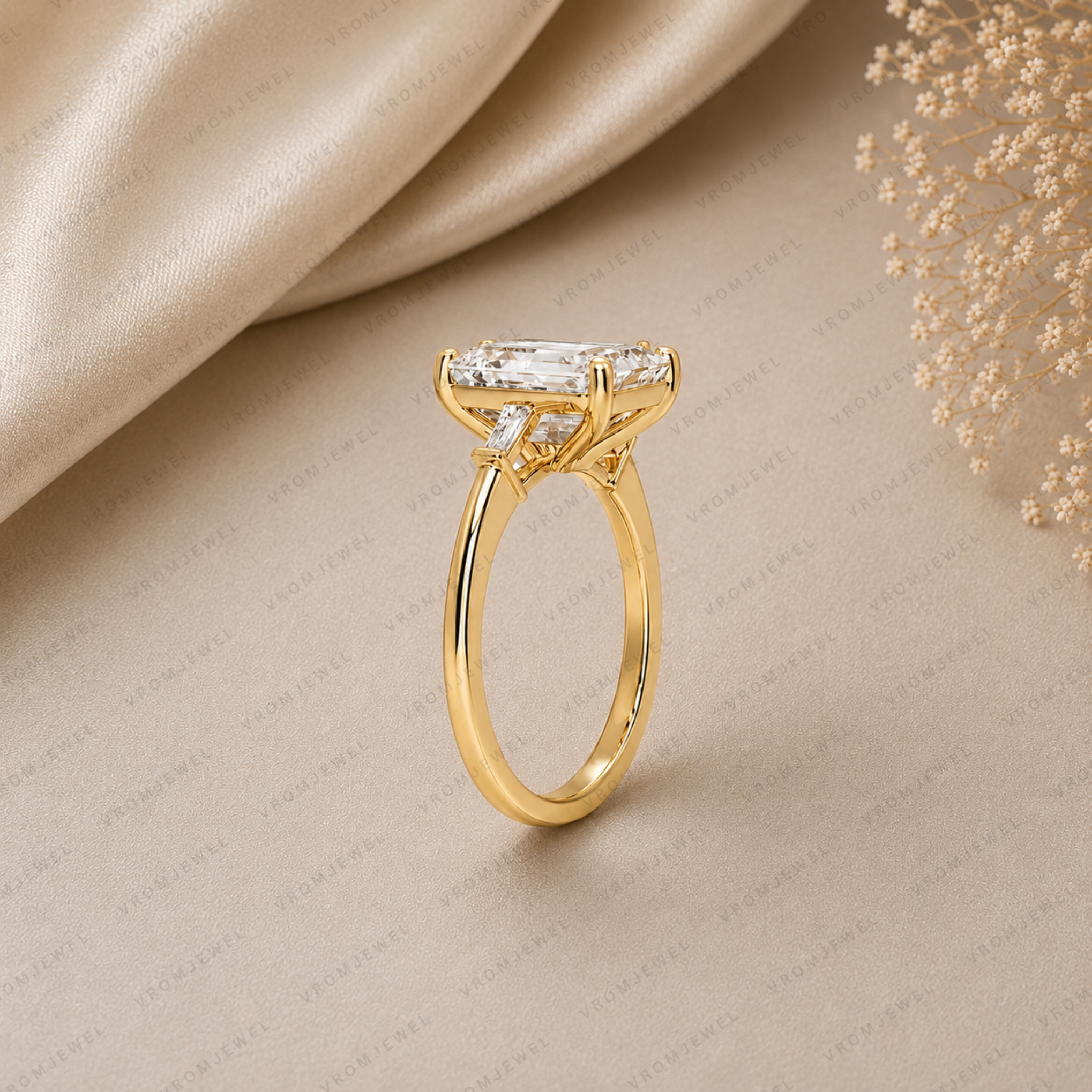 Emerald Cut Lab Grown Diamond Engagement Ring with Tapered Baguette Accents