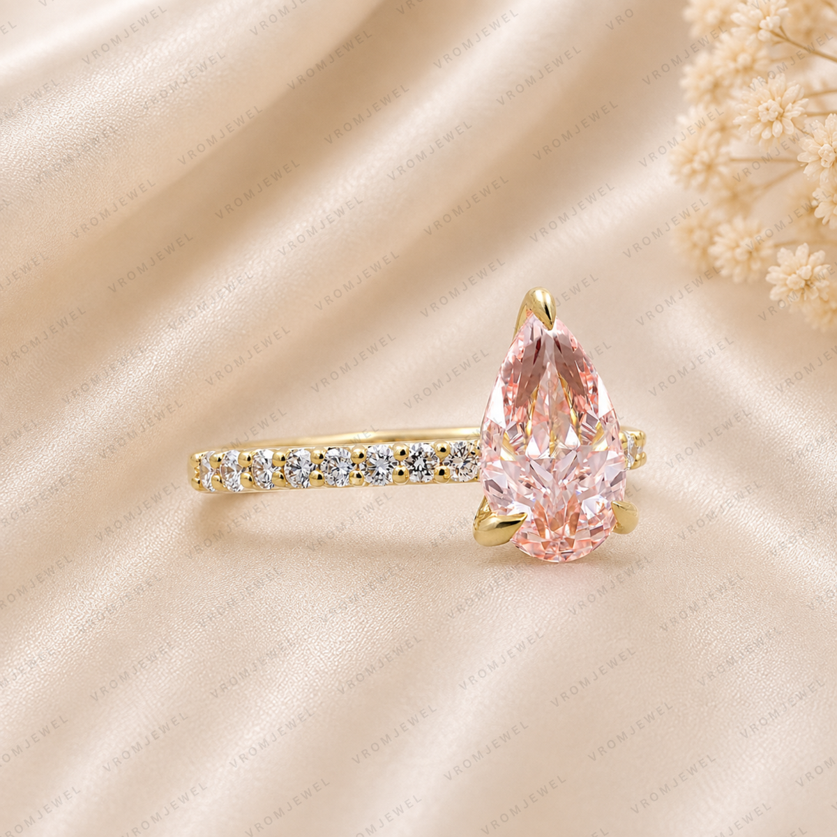 Pink Pear Shape Lab Grown Diamond Engagement Ring, Pink Diamond Solitaire Ring, Minimalist Diamond Ring, 10K 14K 18K Gold