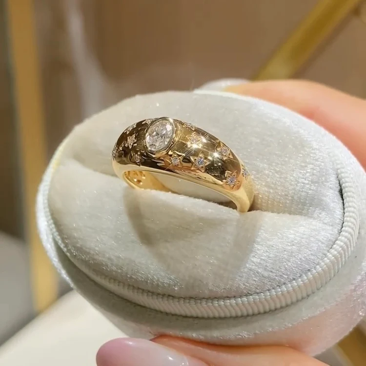 Star Celestial Domed Ring | Lab Grown Diamond | 14K Yellow Gold Cigar Band