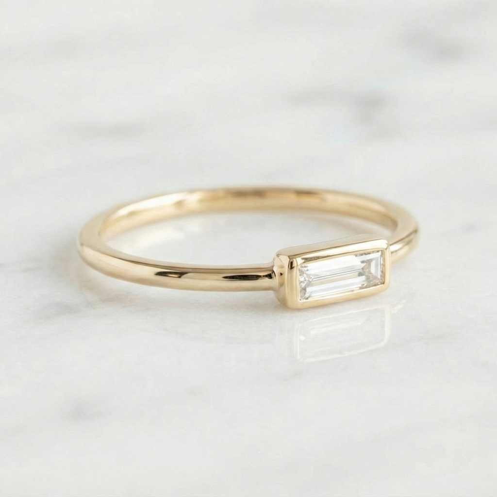 East West Baguette Bezel Set Ring | Lab Grown Diamond | 14K Yellow Gold Minimalist Band
