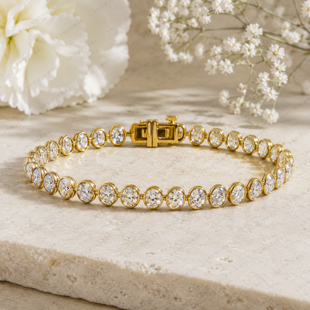 Oval Lab Grown Diamond Tennis Bracelet in Bezel-Set Solid 14K Gold
