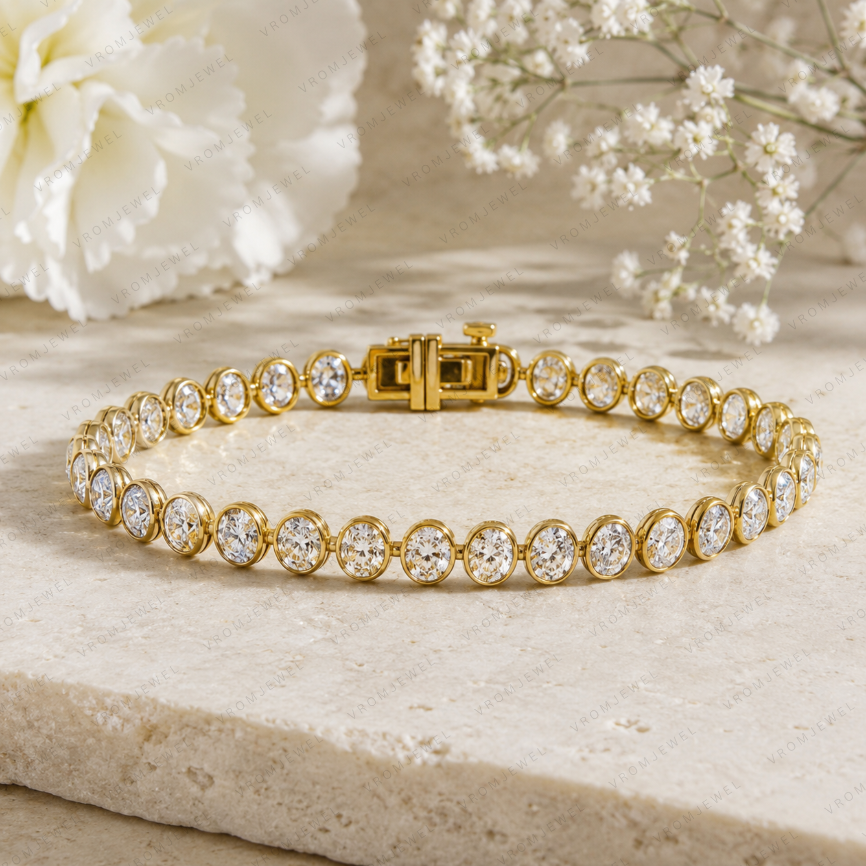 Oval Lab Grown Diamond Tennis Bracelet in Bezel-Set Solid 14K Gold