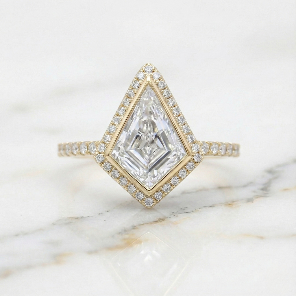 Art Deco Kite Cut Halo Ring | Lab Grown Diamond | 14K Yellow Gold Geometric Design