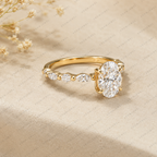 Oval Lab Grown Diamond Engagement Ring with Marquise & Round Halo in Solid 14K Gold